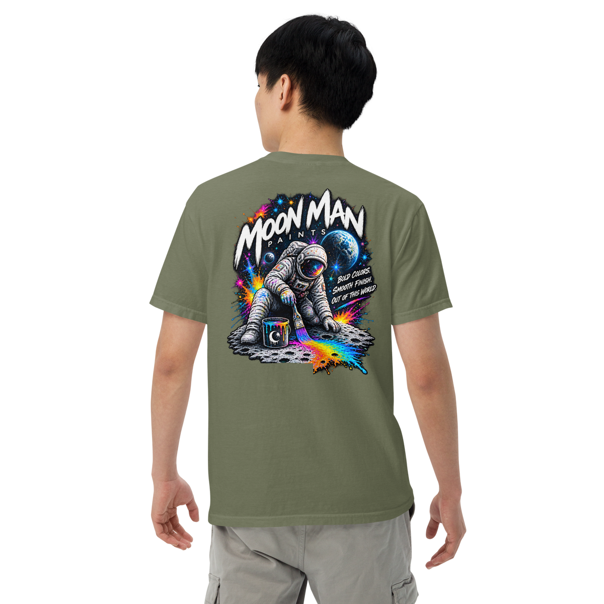 Moon Man Paints Paint Beyond Limits Heavyweight Tee — Dark Colors — Moss — back view on man model