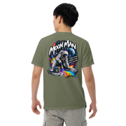 Moon Man Paints Paint Beyond Limits Heavyweight Tee — Dark Colors — Moss — back view on man model