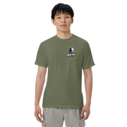 Moon Man Paints Paint Beyond Limits Heavyweight Tee — Dark Colors — Moss — front view on man model