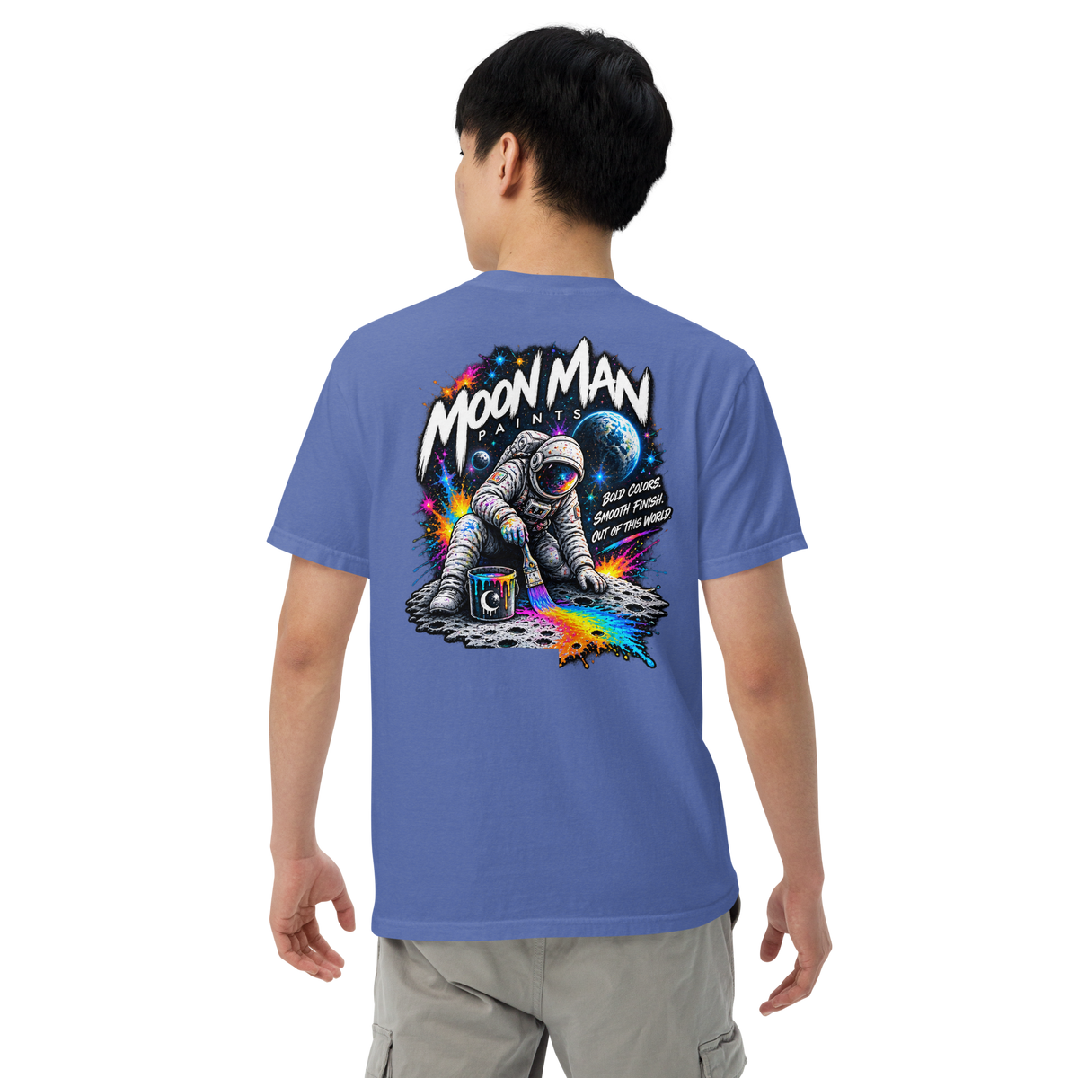 Moon Man Paints Paint Beyond Limits Heavyweight Tee — Dark Colors — Mystic Blue — back view on man model