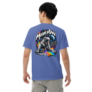 Moon Man Paints Paint Beyond Limits Heavyweight Tee — Dark Colors — Mystic Blue — back view on man model