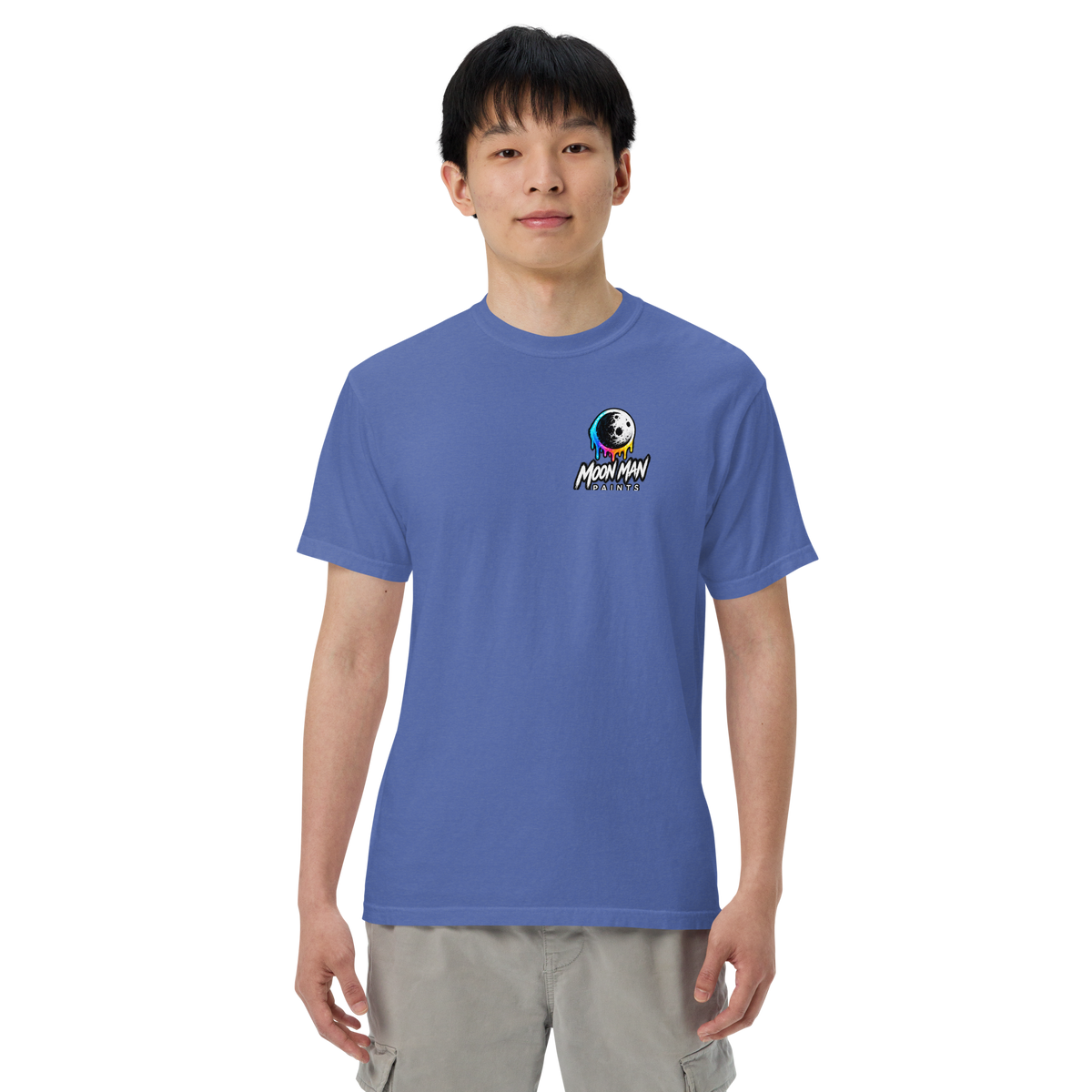 Moon Man Paints Paint Beyond Limits Heavyweight Tee — Dark Colors — Mystic Blue — front view on man model