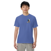 Moon Man Paints Paint Beyond Limits Heavyweight Tee — Dark Colors — Mystic Blue — front view on man model