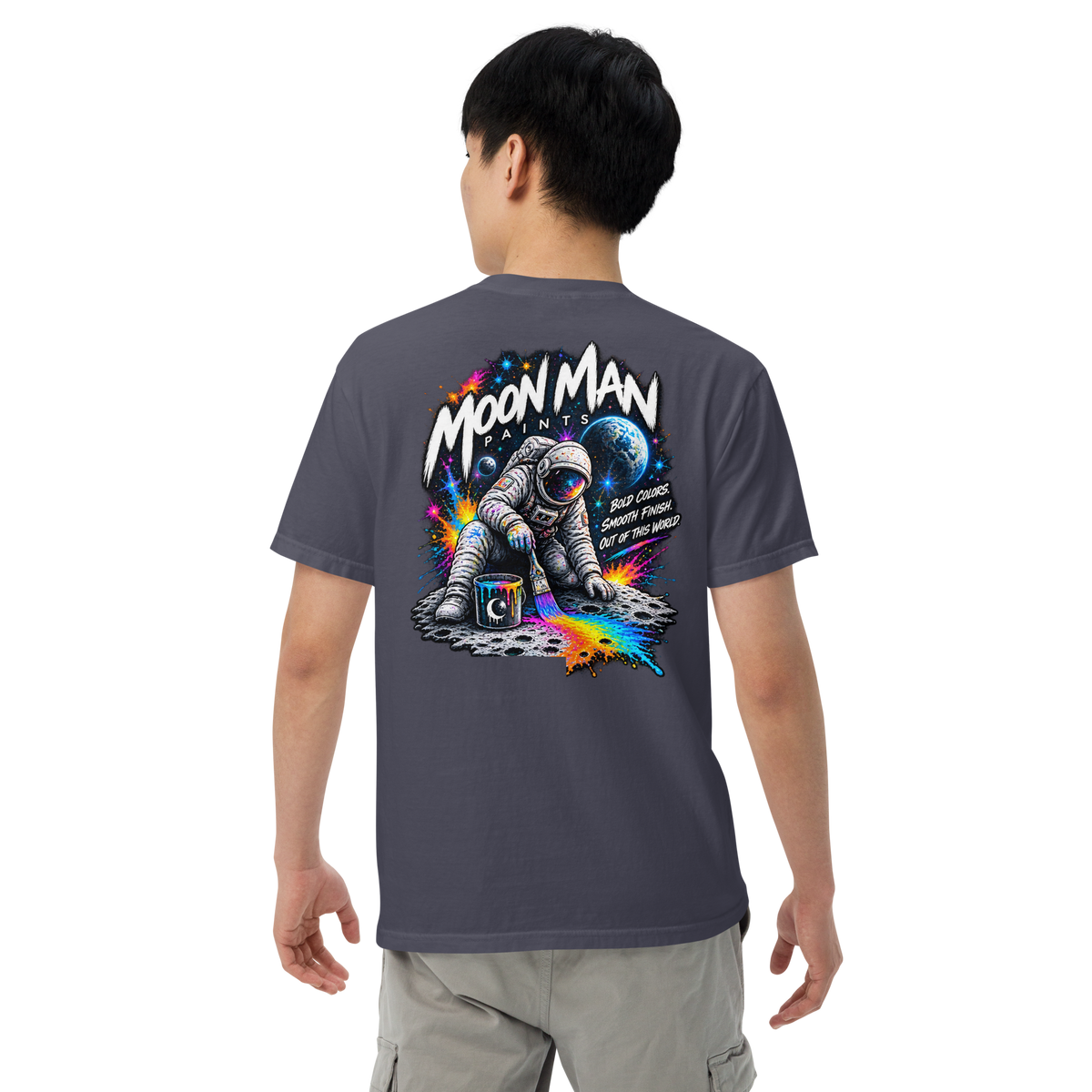 Moon Man Paints Paint Beyond Limits Heavyweight Tee — Dark Colors — Navy — back view on man model