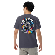Moon Man Paints Paint Beyond Limits Heavyweight Tee — Dark Colors — Navy — back view on man model