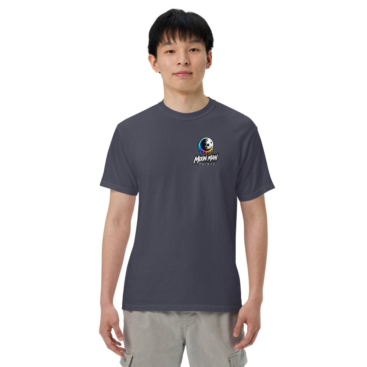 Moon Man Paints Paint Beyond Limits Heavyweight Tee — Dark Colors — Navy — front view on man model