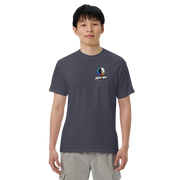 Moon Man Paints Paint Beyond Limits Heavyweight Tee — Dark Colors — Navy — front view on man model