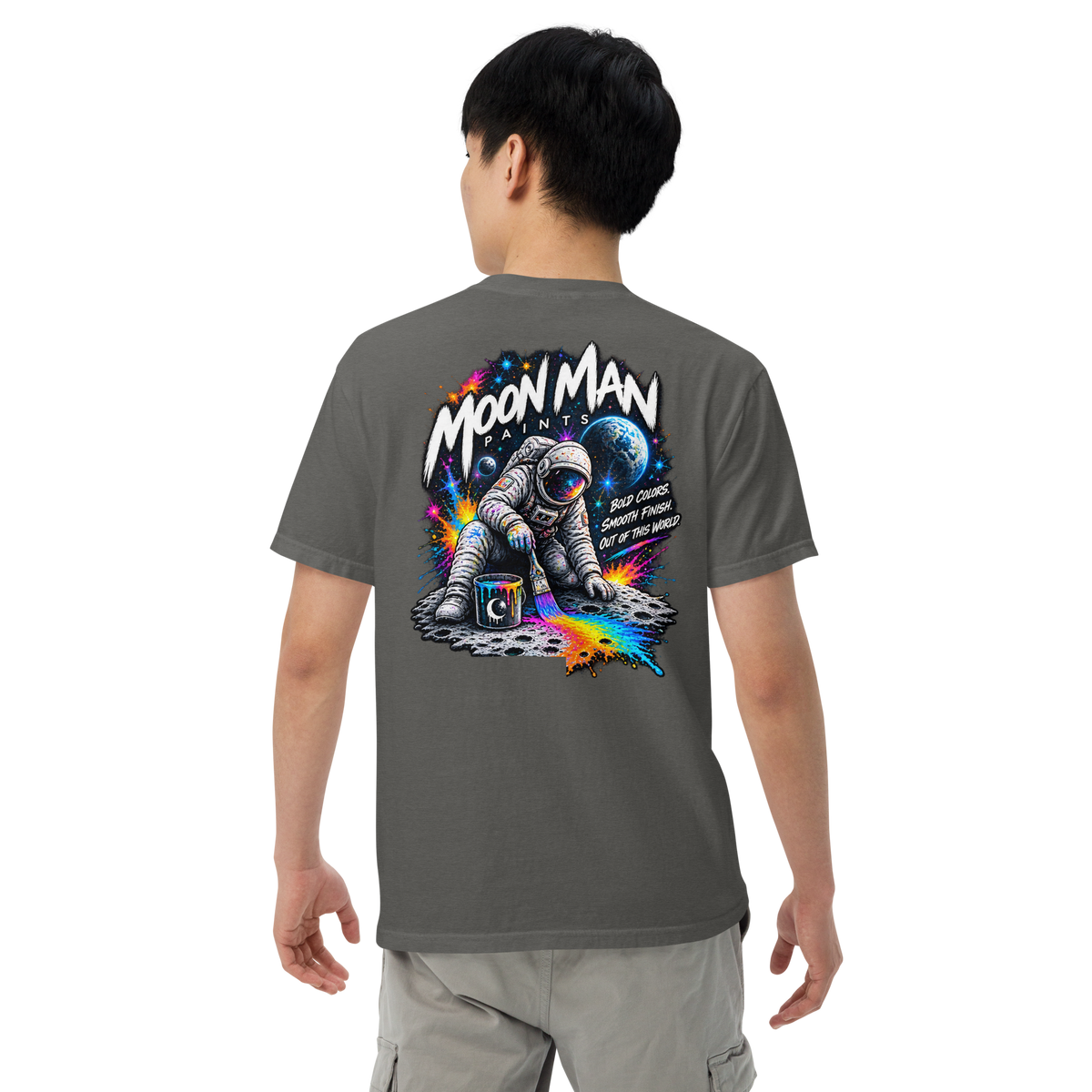 Moon Man Paints Paint Beyond Limits Heavyweight Tee — Dark Colors — Pepper — back view on man model