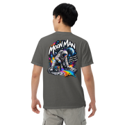Moon Man Paints Paint Beyond Limits Heavyweight Tee — Dark Colors — Pepper — back view on man model