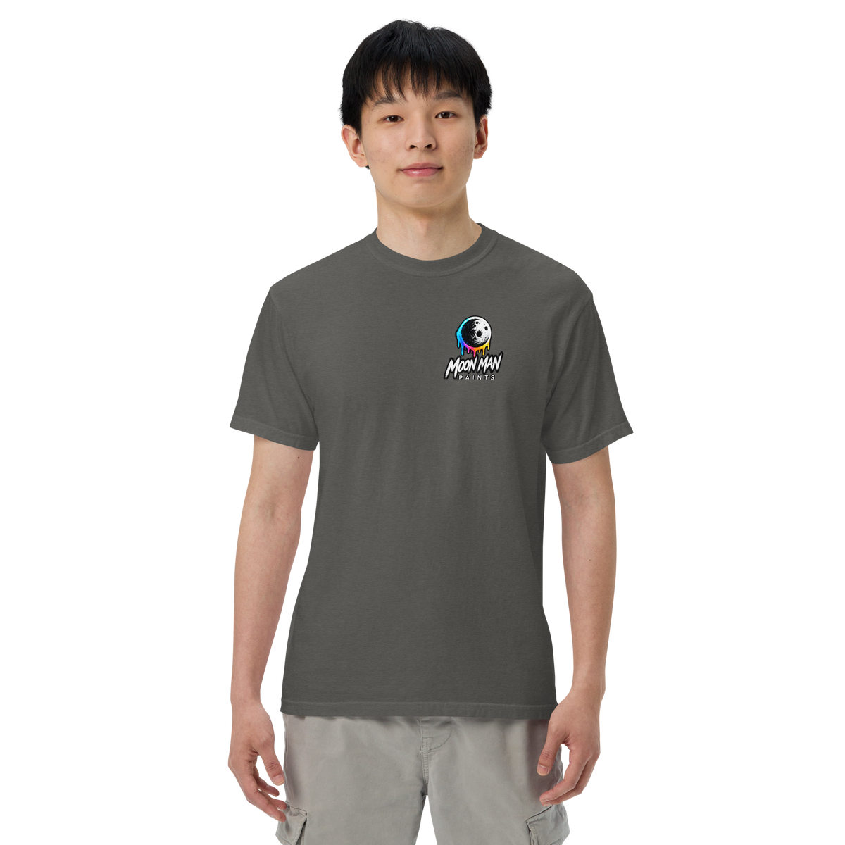 Moon Man Paints Paint Beyond Limits Heavyweight Tee — Dark Colors — Pepper — front view on man model
