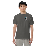 Moon Man Paints Paint Beyond Limits Heavyweight Tee — Dark Colors — Pepper — front view on man model