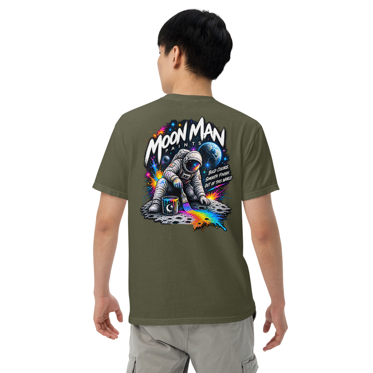 Moon Man Paints Paint Beyond Limits Heavyweight Tee — Dark Colors — Sage — back view on man model