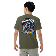 Moon Man Paints Paint Beyond Limits Heavyweight Tee — Dark Colors — Sage — back view on man model