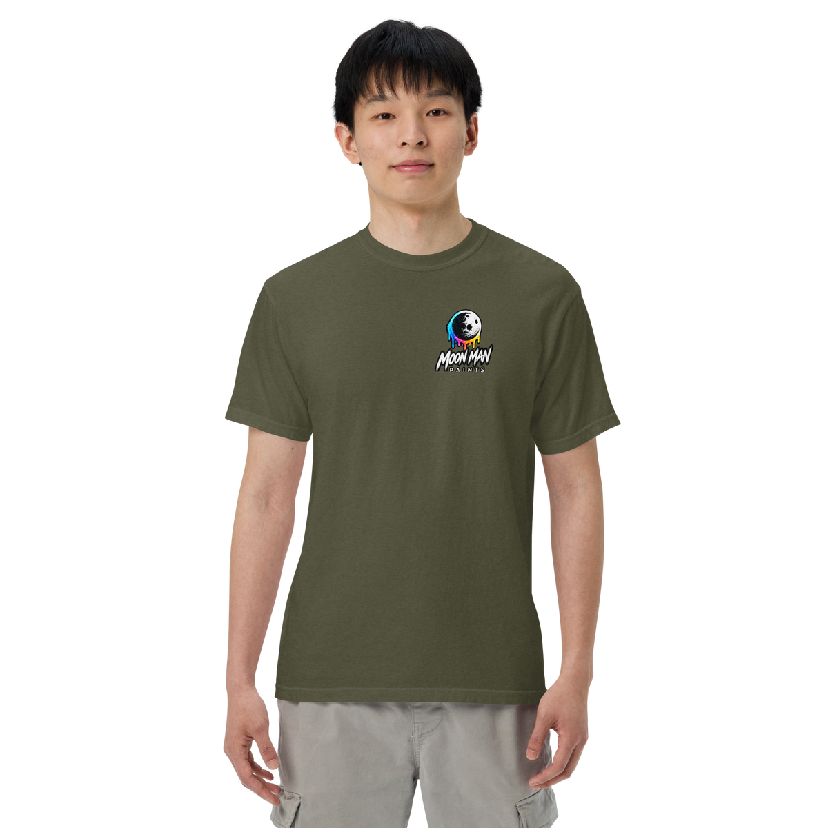 Moon Man Paints Paint Beyond Limits Heavyweight Tee — Dark Colors — Sage — front view on man model