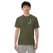 Moon Man Paints Paint Beyond Limits Heavyweight Tee — Dark Colors — Sage — front view on man model
