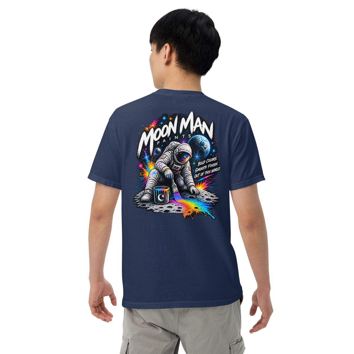 Moon Man Paints Paint Beyond Limits Heavyweight Tee — Dark Colors — True Navy — back view on man model