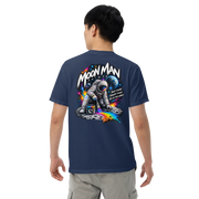 Moon Man Paints Paint Beyond Limits Heavyweight Tee — Dark Colors — True Navy — back view on man model
