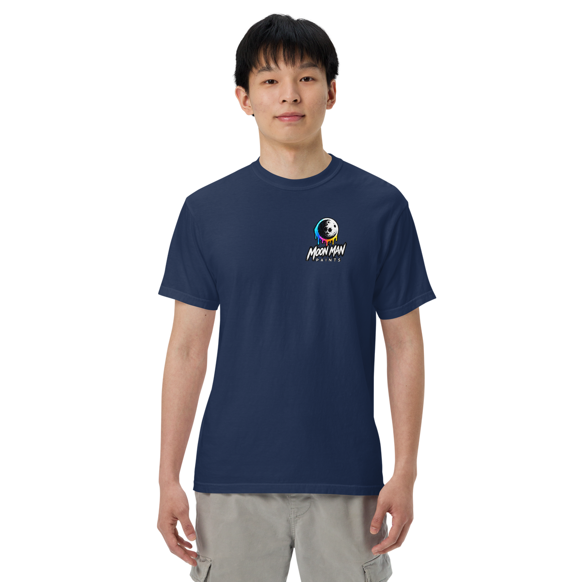 Moon Man Paints Paint Beyond Limits Heavyweight Tee — Dark Colors — True Navy — front view on man model