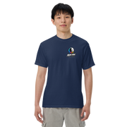 Moon Man Paints Paint Beyond Limits Heavyweight Tee — Dark Colors — True Navy — front view on man model