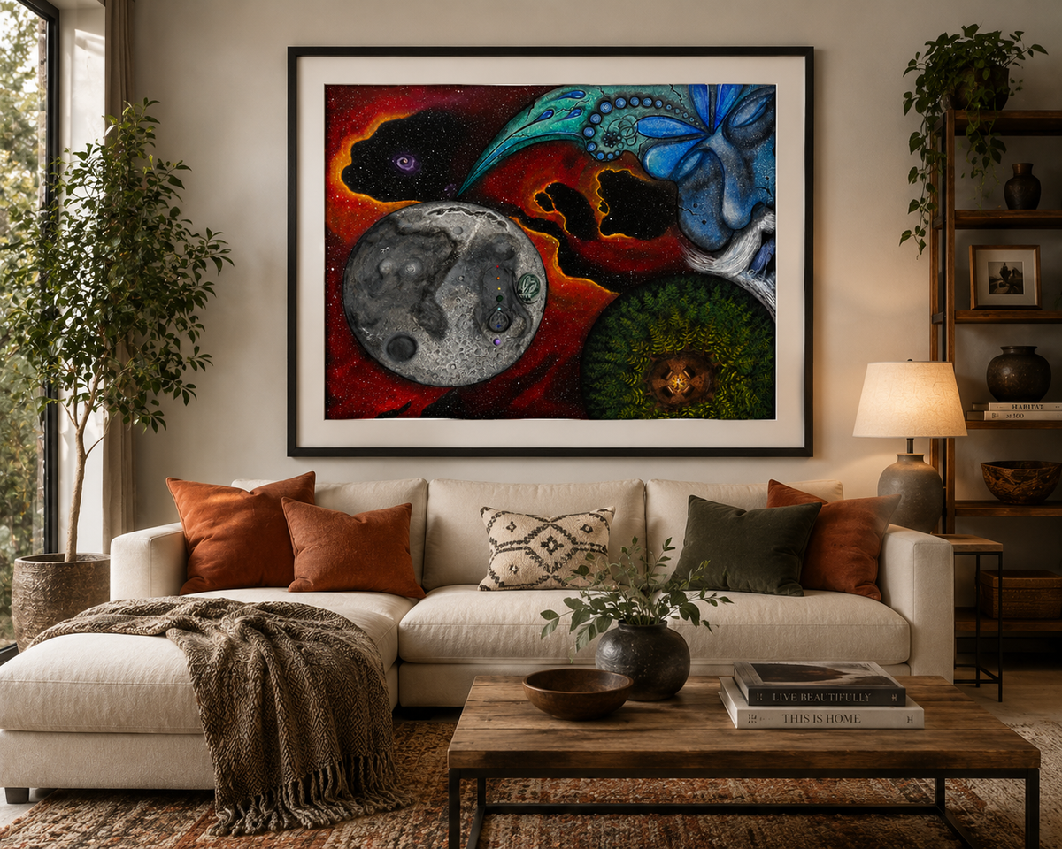 Celestial Genesis framed fine-art print displayed above a sofa