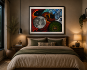 Celestial Genesis framed fine-art print displayed above a bed