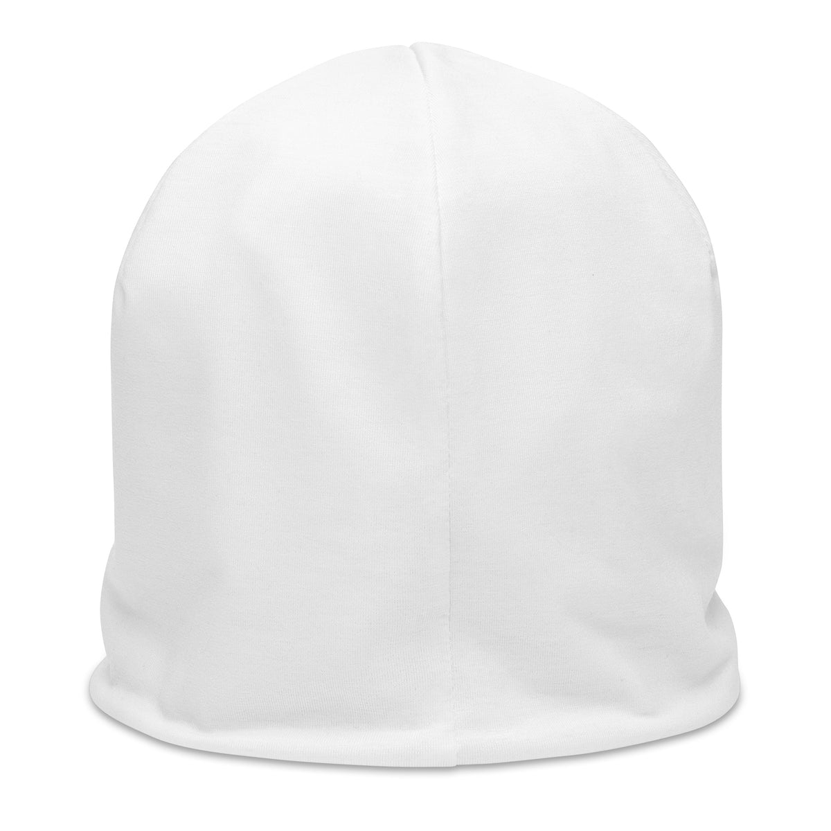 Moon Man Paints Original Paint Crater white beanie — back view, repaired circular logo