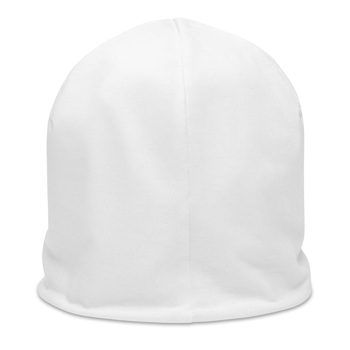 Moon Man Paints Original Paint Crater white beanie — back view, repaired circular logo