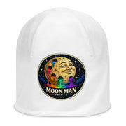 Moon Man Paints Original Paint Crater white beanie — front view, repaired circular logo