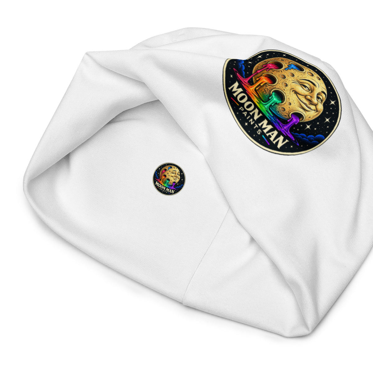 Moon Man Paints Original Paint Crater white beanie — inside view, repaired circular logo