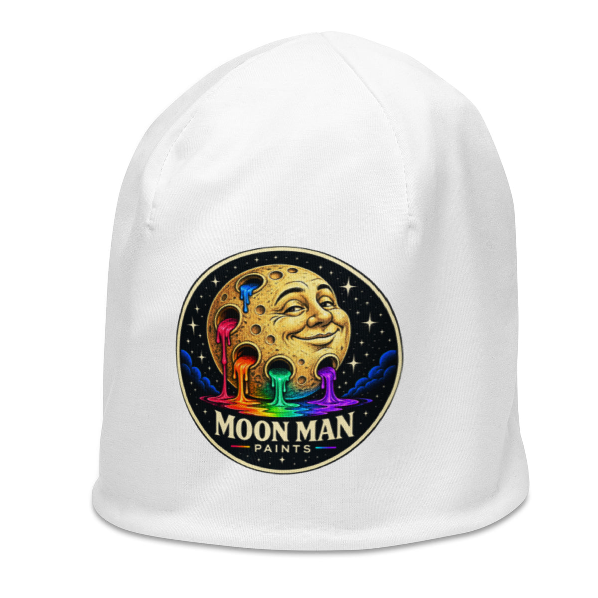 Moon Man Paints Original Paint Crater white beanie — left front view, repaired circular logo