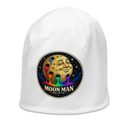 Moon Man Paints Original Paint Crater white beanie — left front view, repaired circular logo