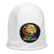 Moon Man Paints Original Paint Crater white beanie — right front view, repaired circular logo