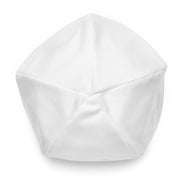 Moon Man Paints Original Paint Crater white beanie — top view, repaired circular logo