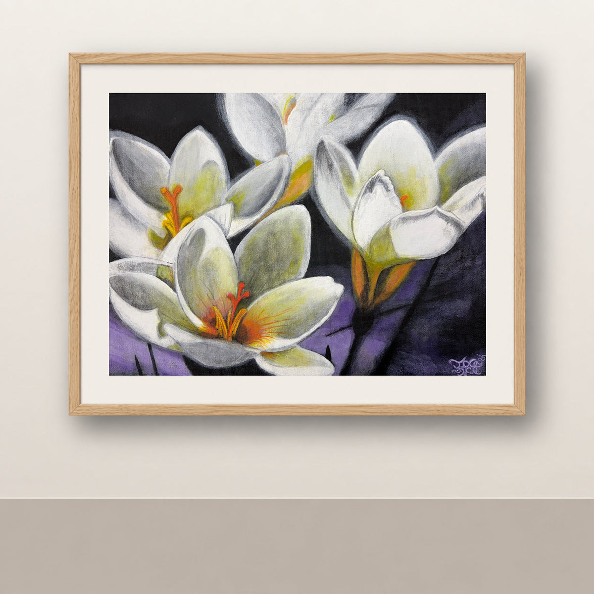 Bloom Through Every Season shown in a natural oak frame with an antique-white mat, using the repaired crocus artwork with the artist's signature visible.