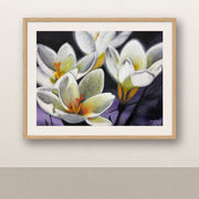 Bloom Through Every Season shown in a natural oak frame with an antique-white mat, using the repaired crocus artwork with the artist's signature visible.
