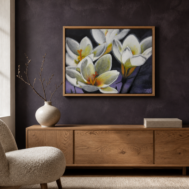 Bloom Through Every Season crocus fine art print in a natural oak frame above a warm oak credenza in a refined charcoal-plum reading room.