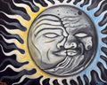Equinox original sun and moon painting in gold, blue, silver and charcoal, with both painted signatures.