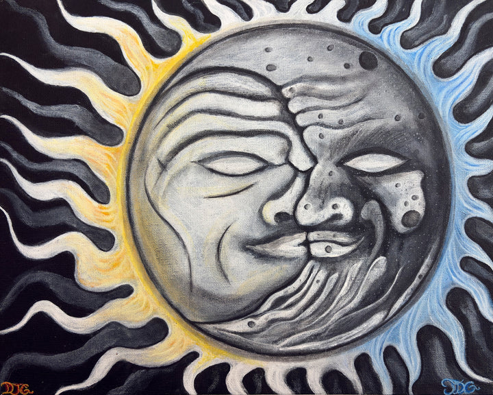 Equinox original sun and moon painting in gold, blue, silver and charcoal, with both painted signatures.
