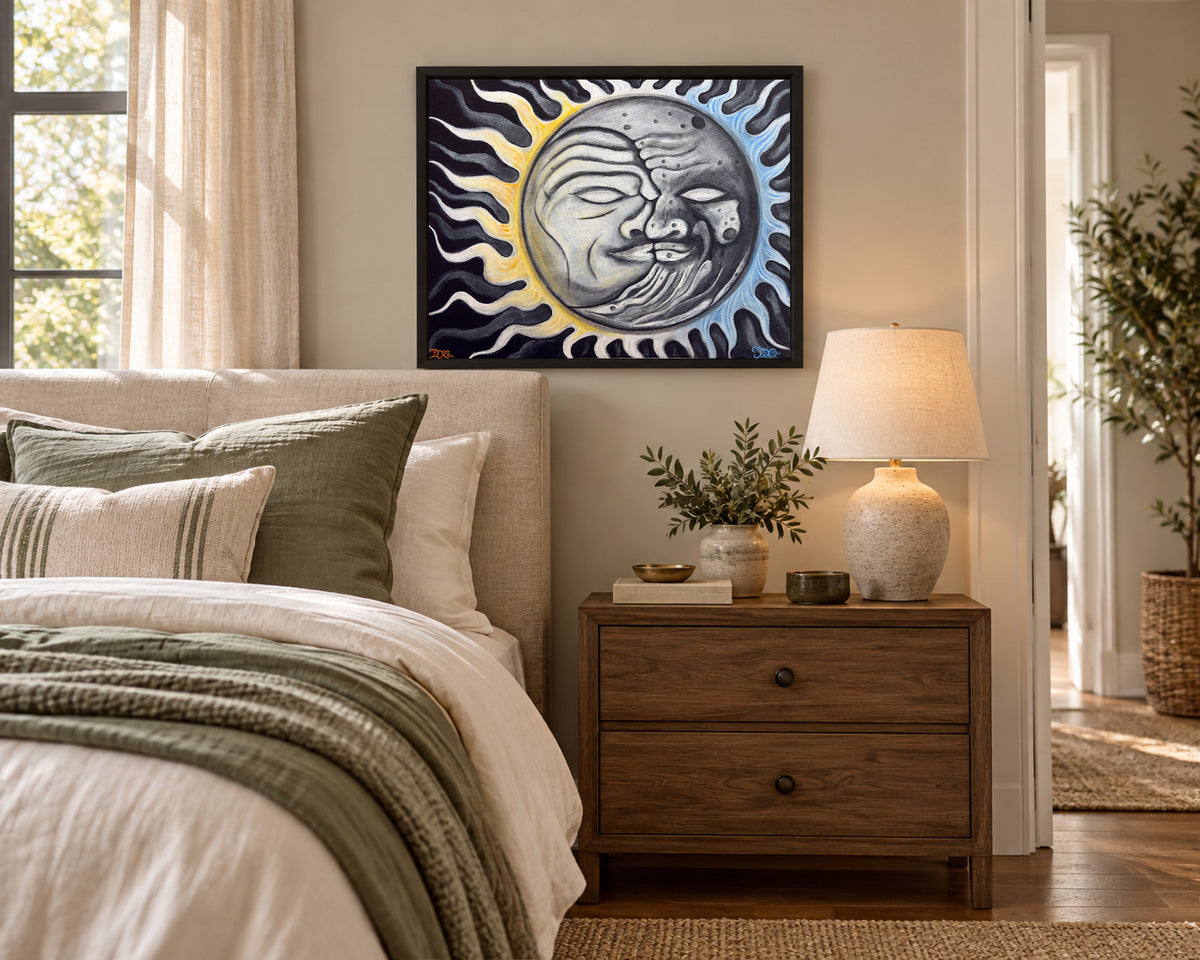 Equinox fine art paper styled in a slim black frame in a warm bedroom. Frame shown for styling; paper print is supplied unframed.