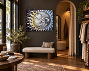 Equinox borderless glossy white metal print in a boutique interior, with the full artwork and signature visible.