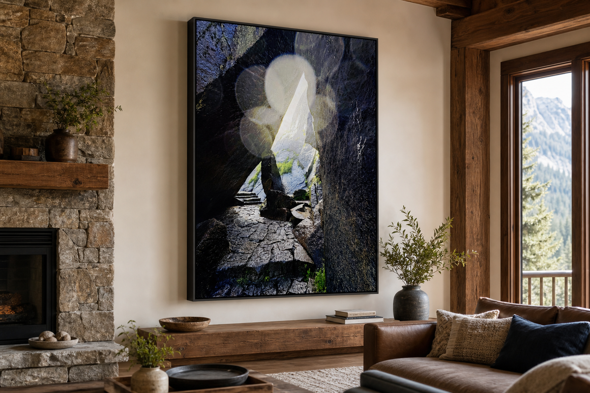 Between Stone and Light Yosemite — black framed canvas print mockup