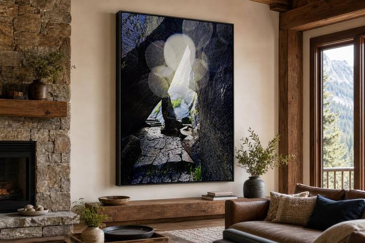 Between Stone and Light Yosemite — black framed canvas print mockup