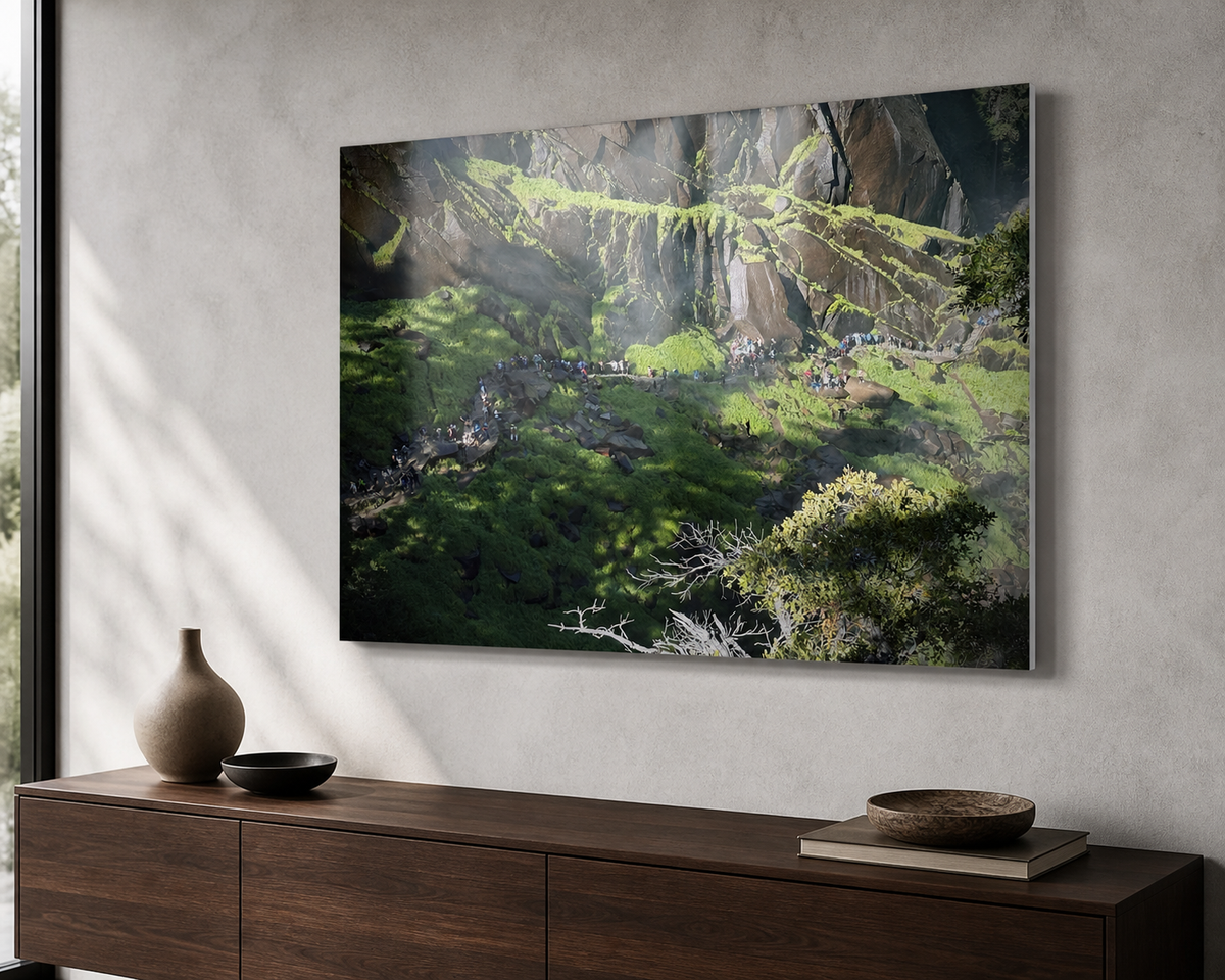 Mist Trail Light Yosemite — floating metal print mockup