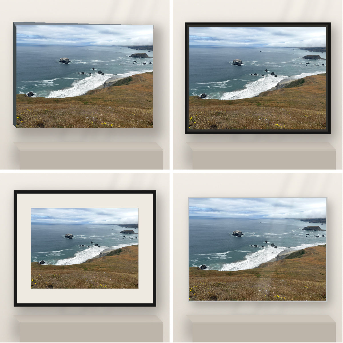 Fog Along the Pacific — Bodega Bay shown in canvas, black float framed canvas, black framed fine-art paper, and glossy white metal finishes.