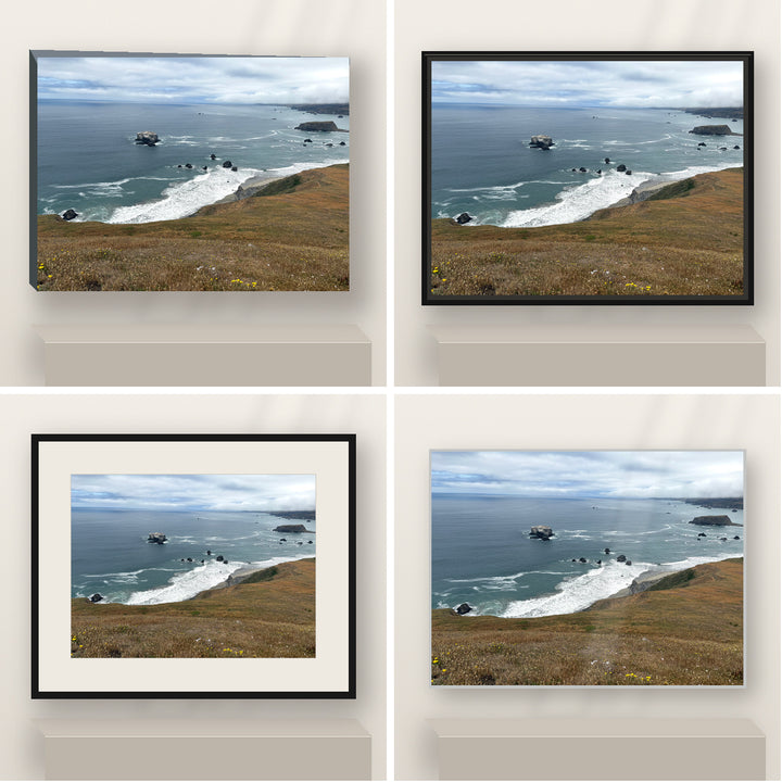 Fog Along the Pacific — Bodega Bay shown in canvas, black float framed canvas, black framed fine-art paper, and glossy white metal finishes.