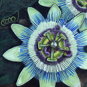 Close-up of the Passion Flower artwork showing layered blue filaments, violet details, and visible painted texture.