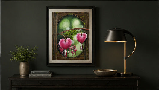 Heartwood Reverie botanical art displayed on a dark wall