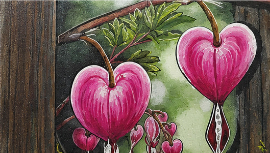 Heartwood Reverie bleeding-heart artwork detail close-up