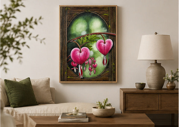 Heartwood Reverie botanical artwork in a natural oak canvas frame