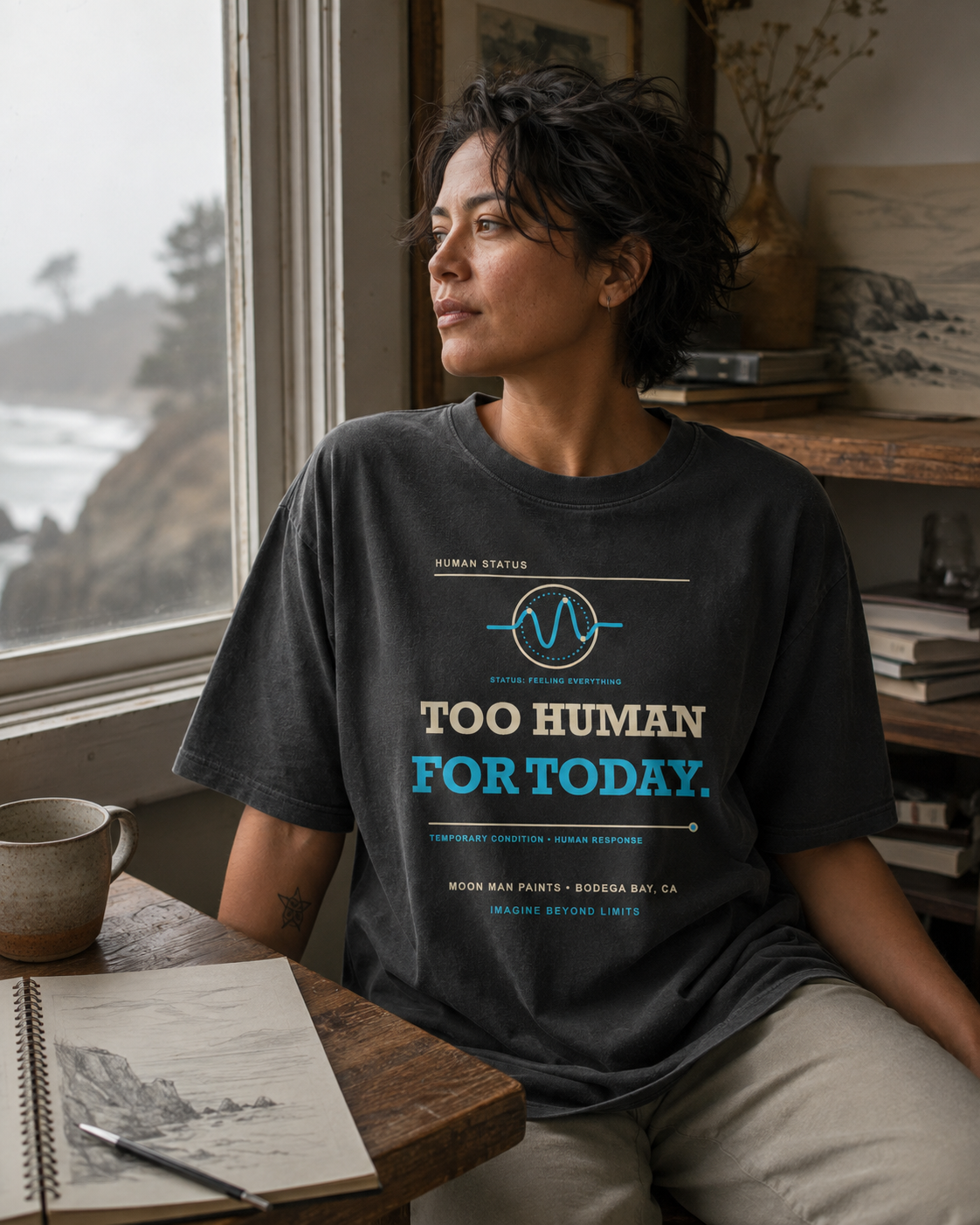 TOO HUMAN FOR TODAY. — Human Status Heavyweight Tee | Moon Man Paints